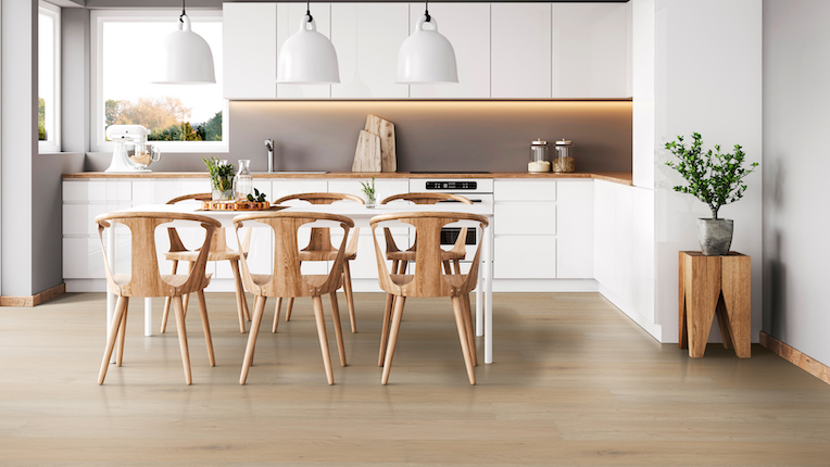 luxury vinyl plank flooring in a bright minimalist kitchen