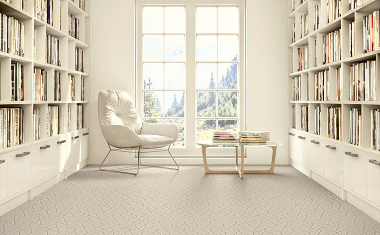 cream pattern carpet in reading nook