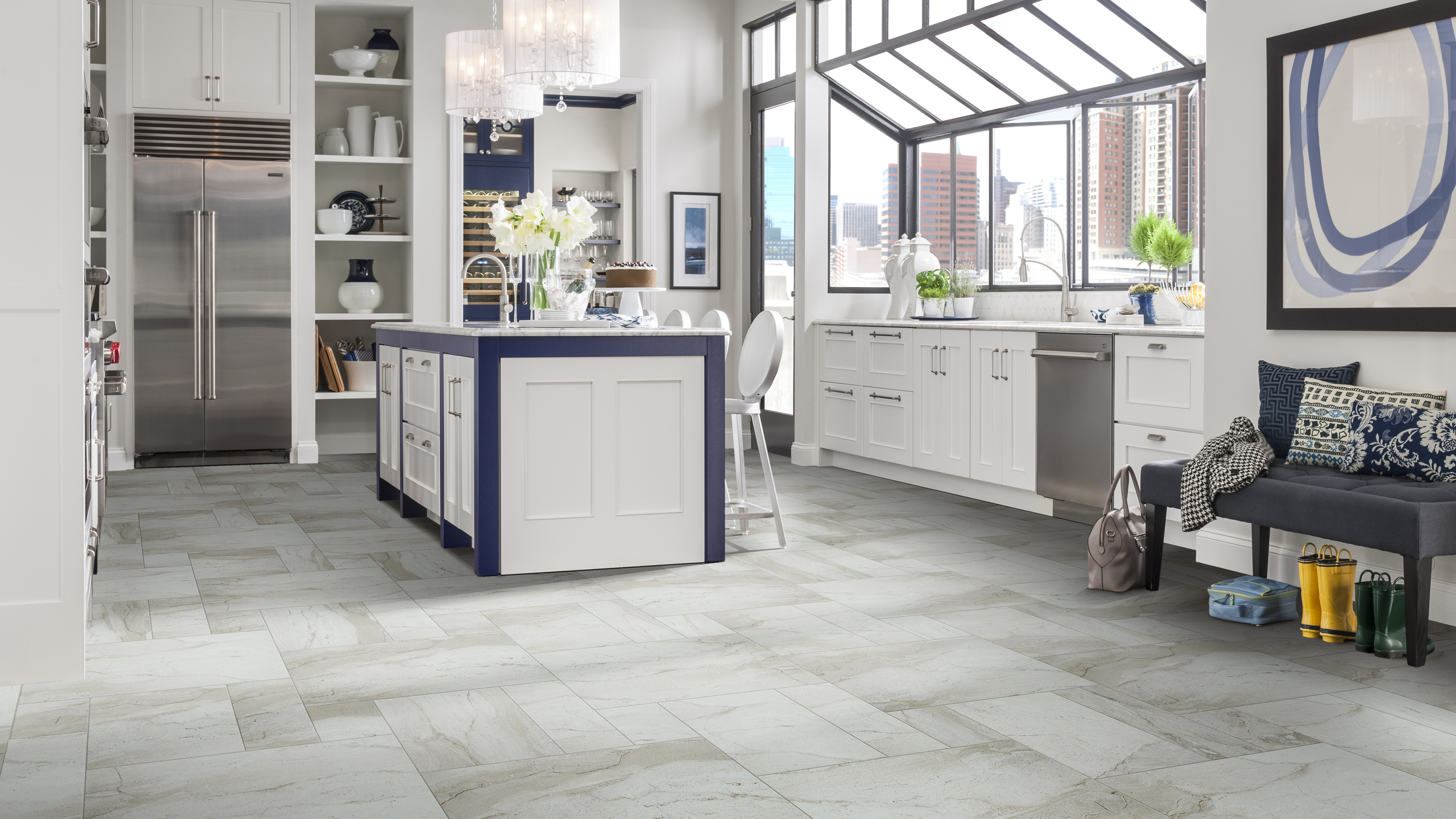 Tile flooring in a kitchen.