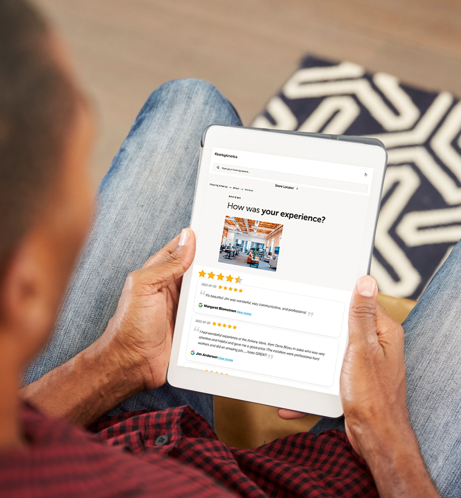 customer looking at the reviews for our flooring store